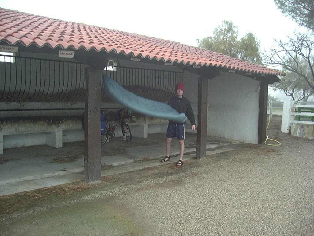 Drying the sleeping bag under one of our shelters.