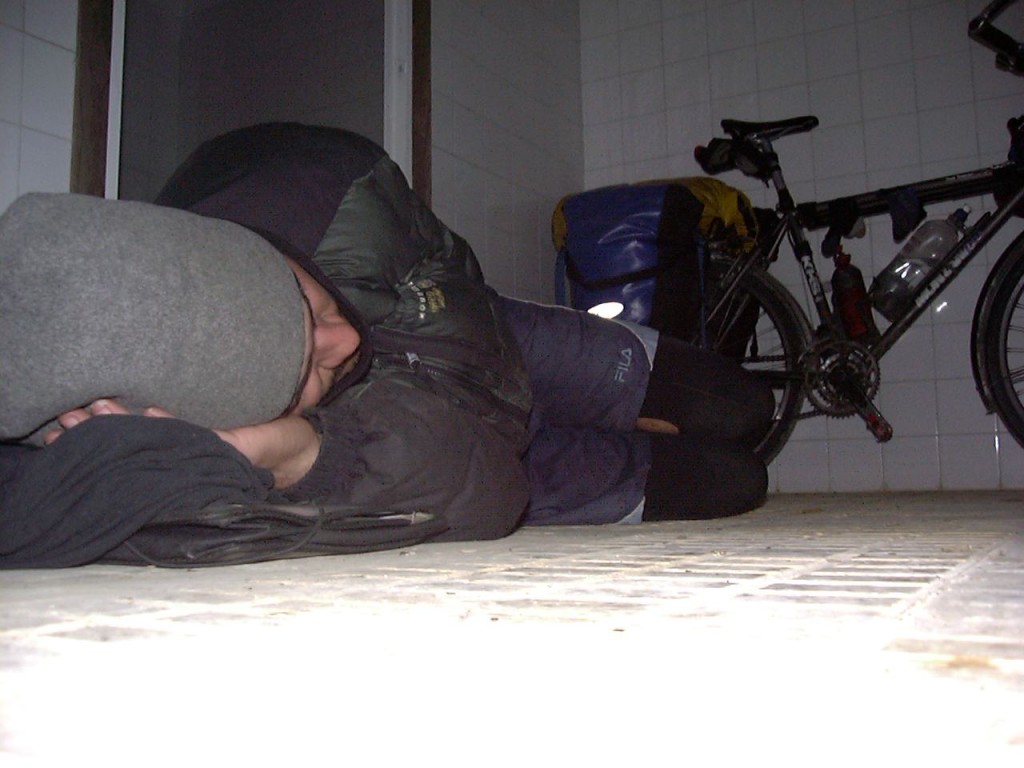 Me sleeping on a bathroom floor. Not one of my better nights.