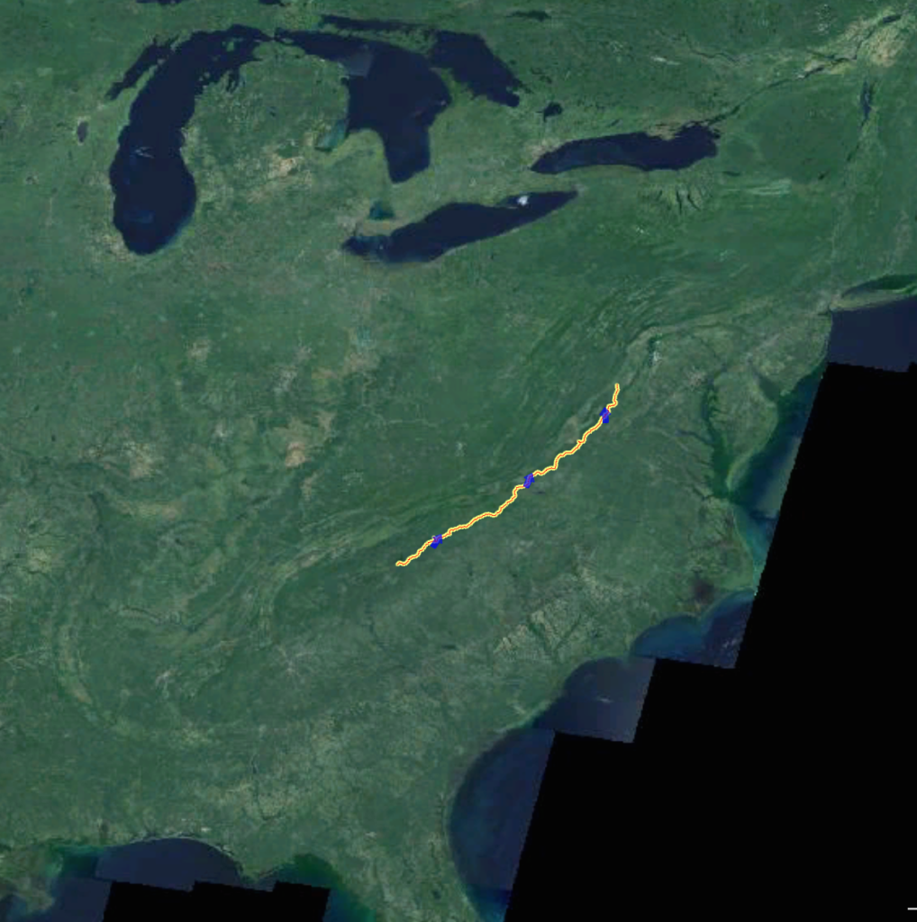 Satellite view of our route through the Blue Ridge Parkway and Skyline Blvd.  