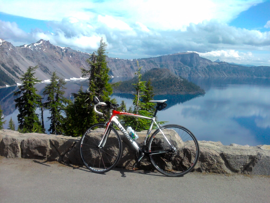 Crater Lake.  It is possible to circumnavigate Crater Lake on your bicycle.