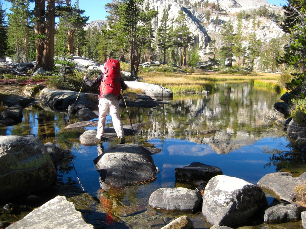 Janet crossing the stream leaving lower Little Five Lake.