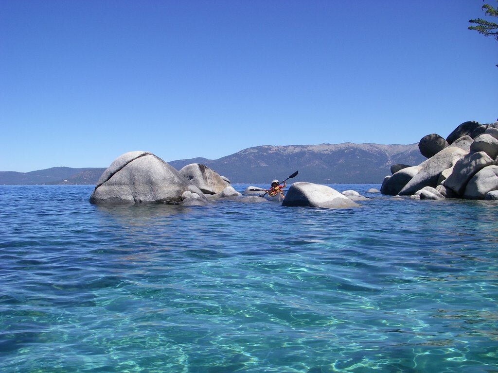 It is fun to play with your kayak amongst the rocks in the relatively calm Lake Tahoe