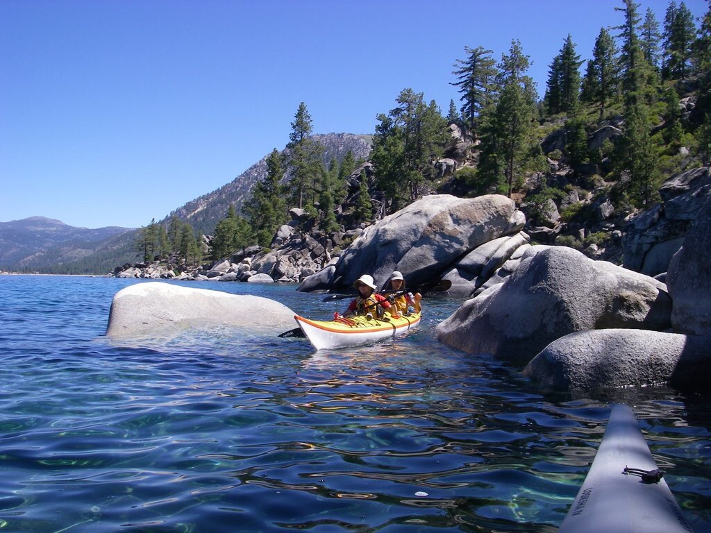 It is fun to play with your kayak amongst the rocks in the relatively calm Lake Tahoe