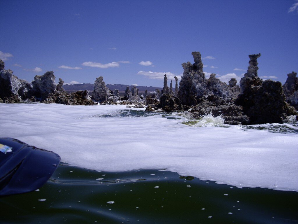 Tufa Towers with a little wave action.  Small waves generate foamy water in Mono Lake