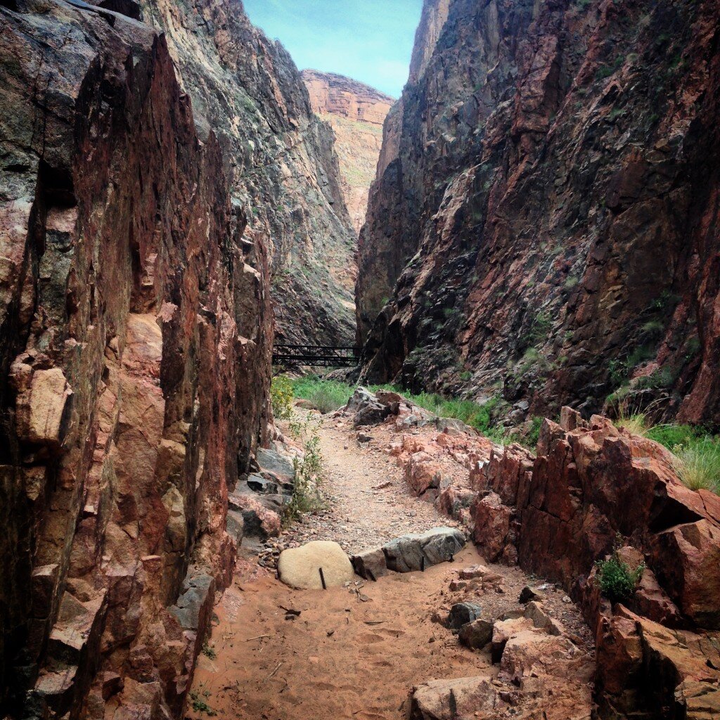 The North Kaibab trail is very dramatic with bridges and extremely steep side walls