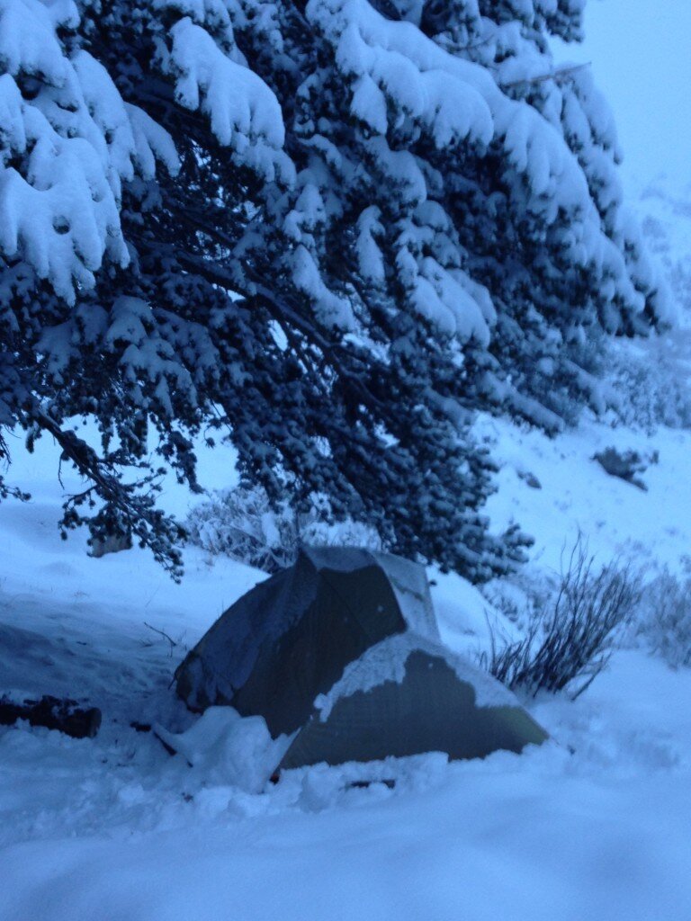 We set up our tent on an inch of snow, but after a few hours, it was starting to get deep.