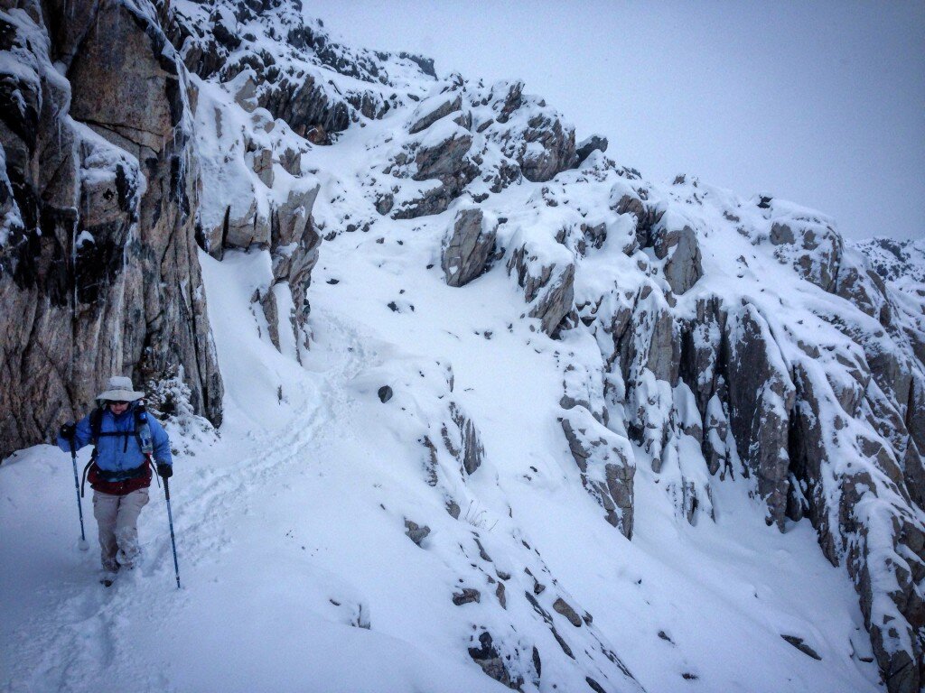 Janet follows my tracks down the much calmer South side of Glenn Pass